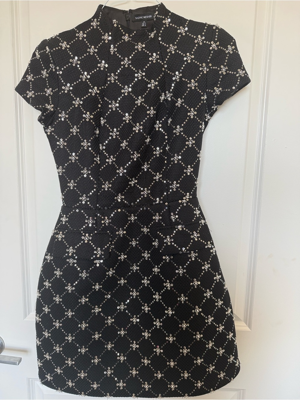 Nadine Merabi Margot Black Sequin Pearl Embellished Boucle Mini Dress US 2- NEW